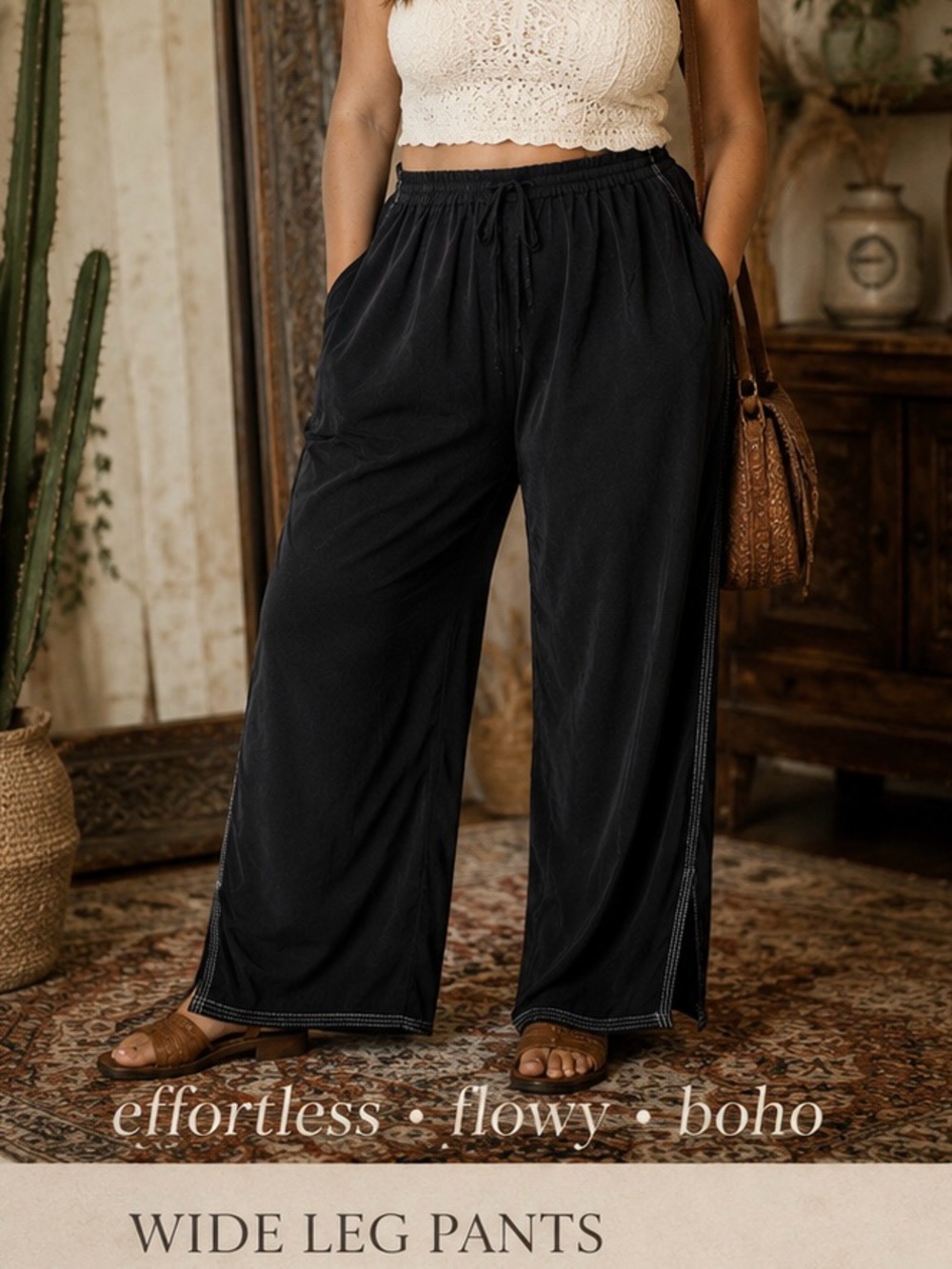 Wide Leg Pants Elastic Waist Stand Out Stitching 1X